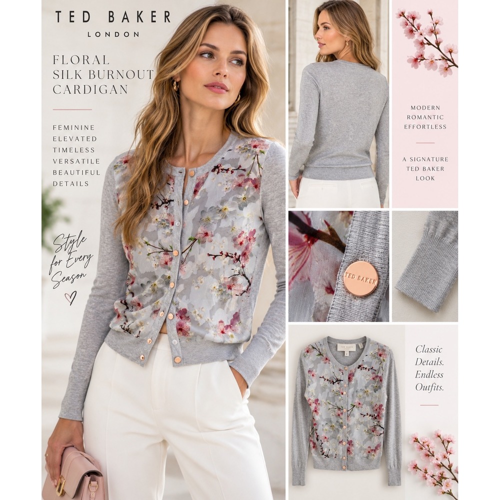 Ted Baker London Floral Silk Burnout Cardigan Gray Size 2 Cherry Blossom